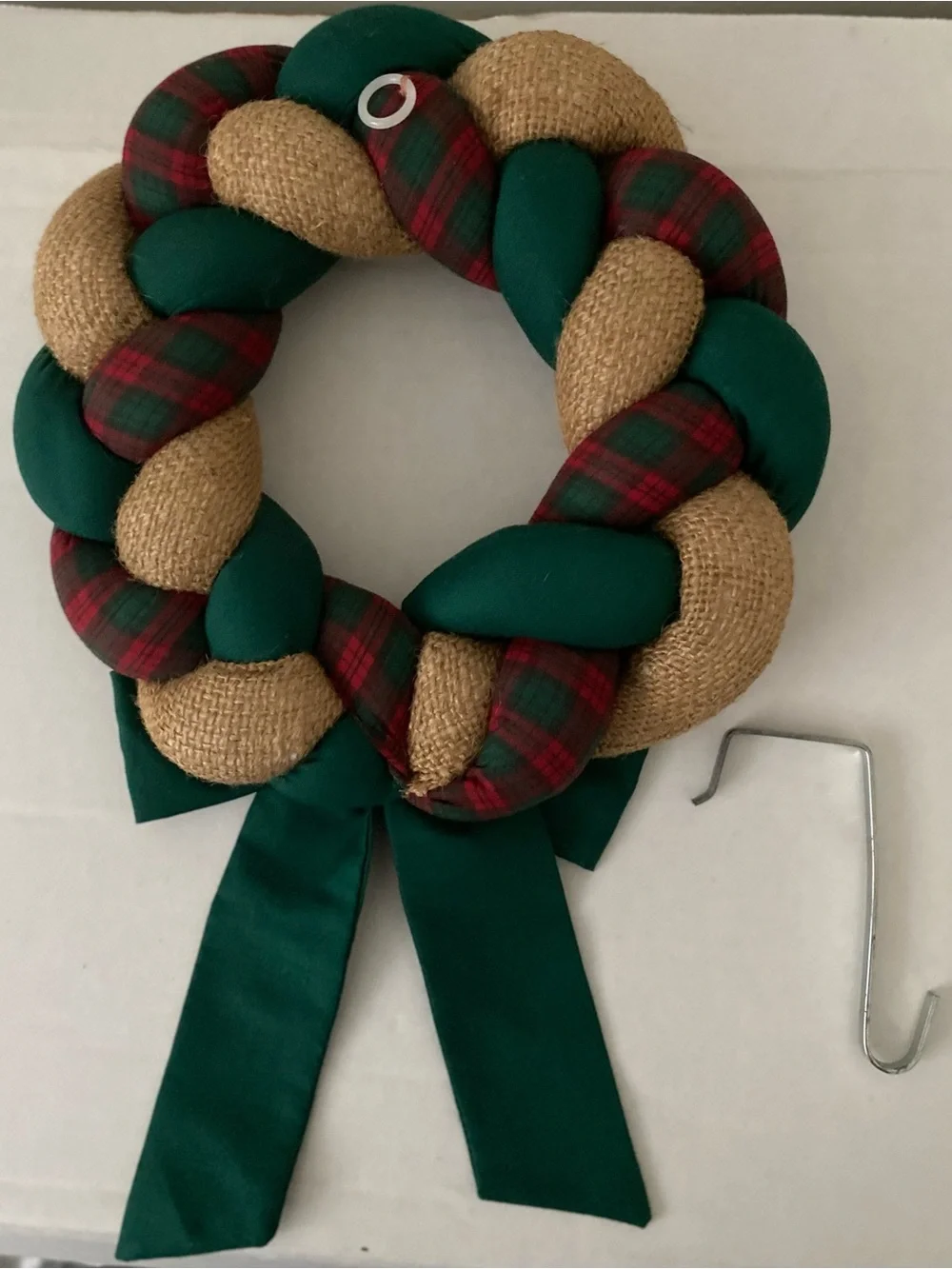 Handmade Green, Gold & Red Plaid Holiday Wreath with Green Bow